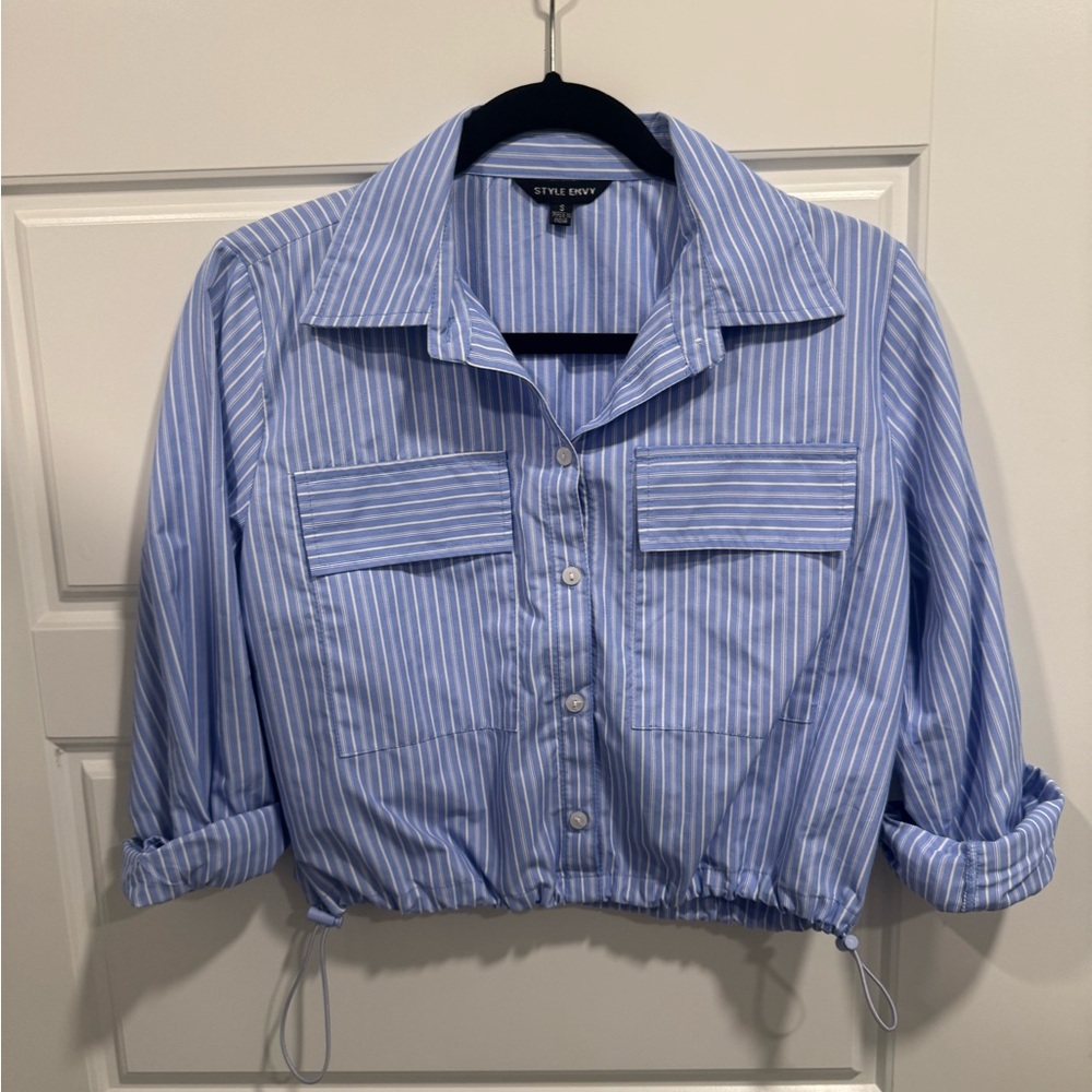 Style Envy Light Blue Striped Cropped Shirt